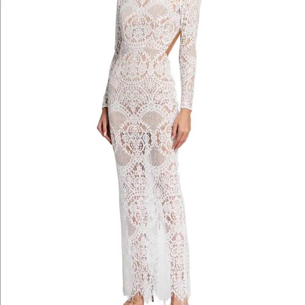 Bronx and Banco Allegra long sleeve lace column gown in white